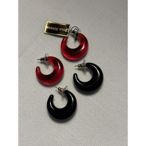 Joan Rivers Acrylic Hoop Earrings Set Of 2 Red Black Pierced Classics Collection - Picture 1 of 3